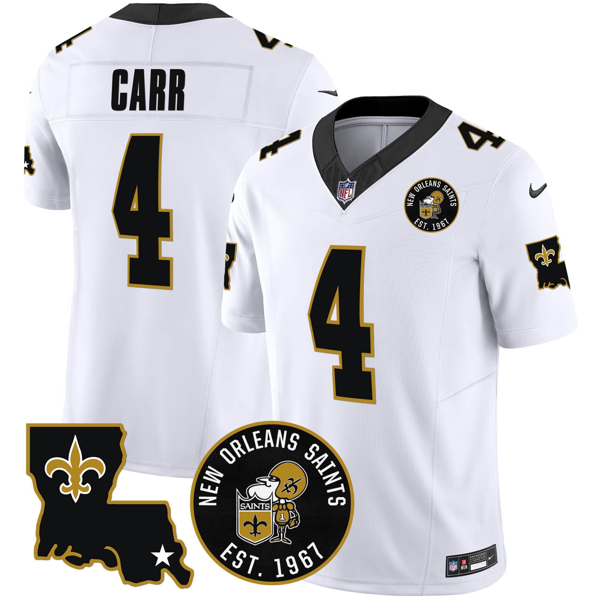 Men New Orleans Saints 4 Carr White 2024 Nike 1967 Patch Vapor Limited NFL Jersey